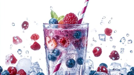 Aufkleber - Mixed berry smoothie drink with splash and straw in glass.