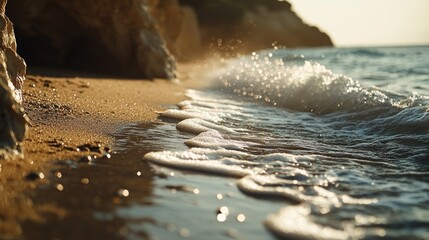 Poster - Waves crashing on beach with rocks, golden sunlight.