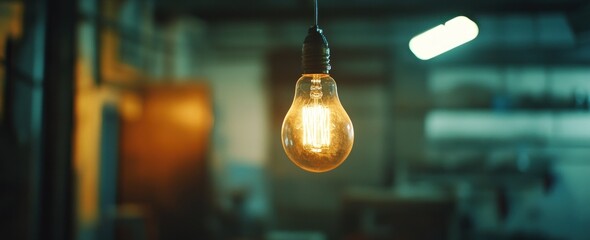 Poster - Glowing lightbulb suspended against blurred industrial workshop.