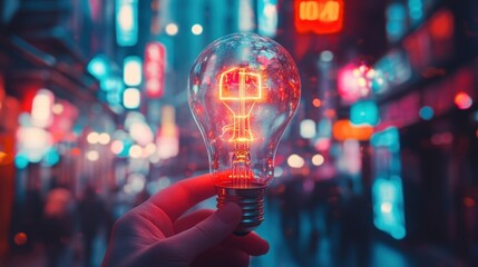 Aufkleber - Hand holding a glowing light bulb with blurred city street background.