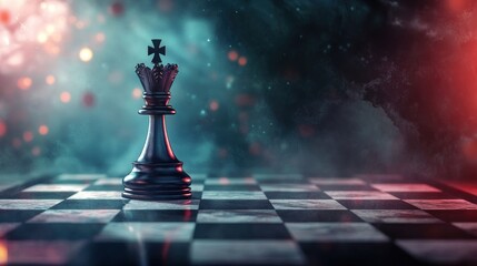 Poster - Dark king chess piece on board with mystical background.