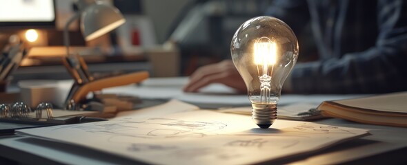 Poster - Lit bulb on design sketches.