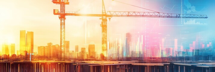 Poster - Construction cranes and city skyline with overlaying graphs and golden hue.