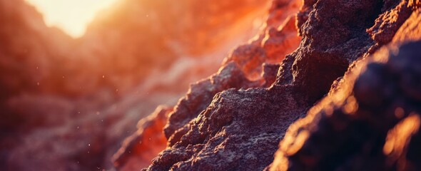 Poster - Textured rocks with warm sunlight, orange and purple tones, landscape texture.