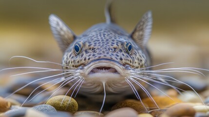 Aufkleber - Catfish rests on river stones, whiskers prominent.