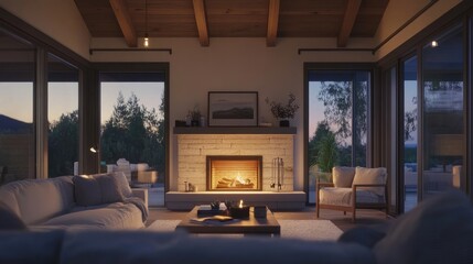 Wall Mural - Cozy Modern Living Room with Warm Fireplace and Scenic View