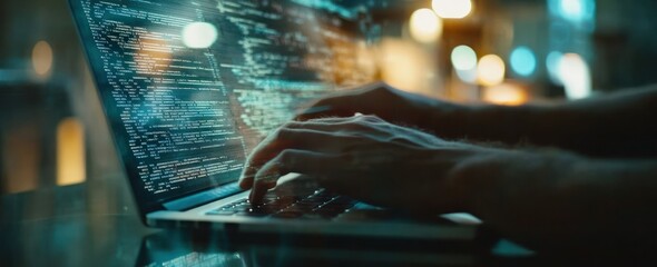 Aufkleber - Person types code on a laptop at night.