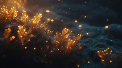 Poster - Glowing golden plants with blurred bokeh on dark background.