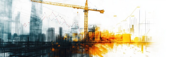 Poster - Blurred construction site with crane and overlayed graph.