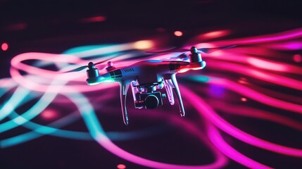 Poster - White drone hovers amidst blurred, colorful light trails.