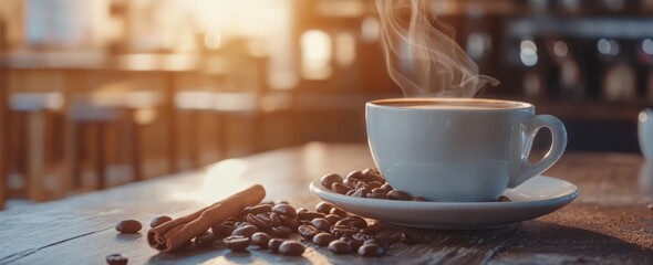 Aufkleber - Steaming coffee, beans, cinnamon, on wooden table, sunlight, blurred background.