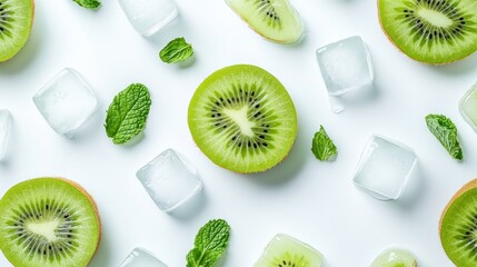 Sticker - Sliced kiwi fruits with ice cubes and mint leaves on a white background.