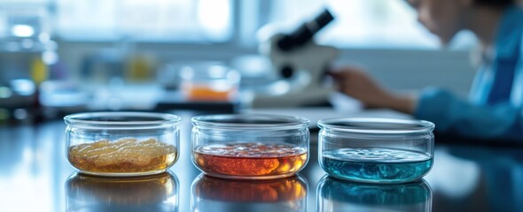 Aufkleber - Scientist analyzing colored samples with microscope in laboratory.