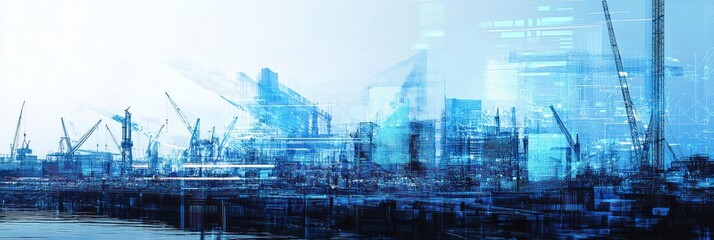 Poster - Blurry blue view of port with cranes and data overlay.