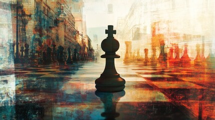 Poster - Chess king figure with city street reflection.