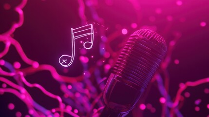 Poster - Vintage mic with music note, glowing pink streaks, on a dark background.
