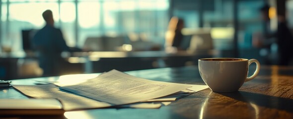 Aufkleber - Coffee cup and documents on a table with people blurred.