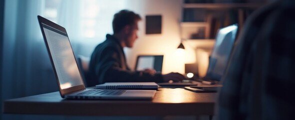 Aufkleber - Man works with laptops late at night, using multiple devices.