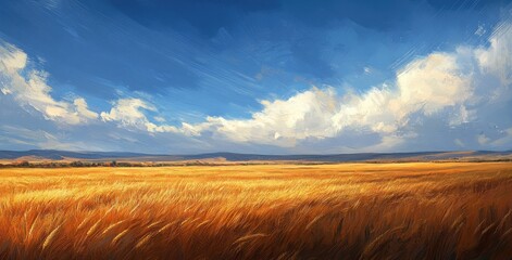 Poster - Field painting with blue sky, white clouds, and yellow wheat.