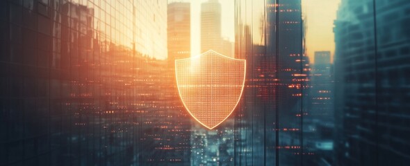 Aufkleber - Glowing shield over city buildings, digital security concept.