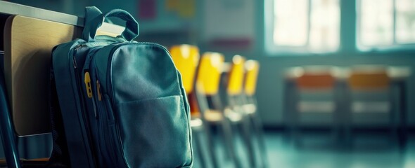 Leinwandbilder - Backpack hangs on empty chairs in a classroom.