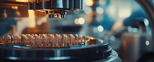 Poster - Automated vials filling machinery, close-up.