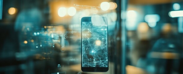 Aufkleber - Digital phone screen with data, blurred background.
