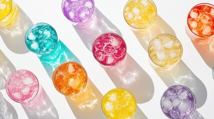 Poster - Colorful ice drinks in glasses, strong shadows on white background.