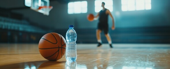 Poster - Basketball and water on court. Player is in background.