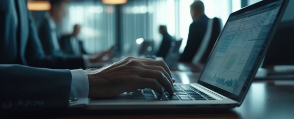 Poster - Business meeting with person using laptop analyzing data.