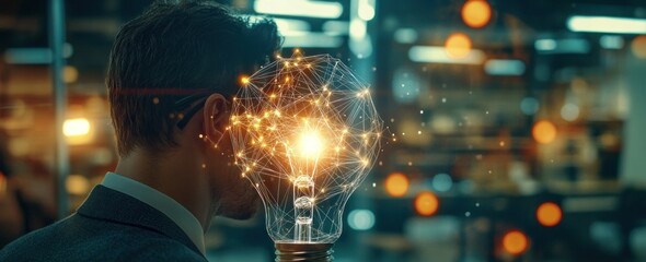 Poster - Man holding glowing lightbulb with abstract connections.
