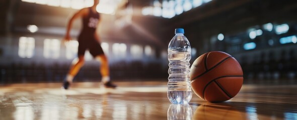 Poster - Basketball, water bottle on court, player in background.