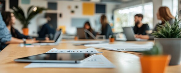 Aufkleber - Group work in office with papers, tablet, laptop,plant and blurred background.