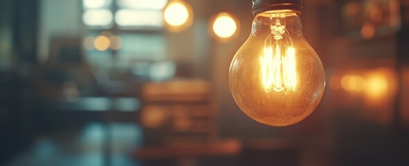 Poster - Glowing lightbulb hangs in a blurred room with bokeh lights in background.