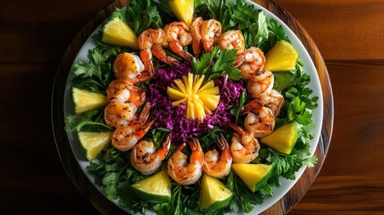 Poster - Cooked shrimp, pineapple, cabbage and lime on parsley bed, wooden background.