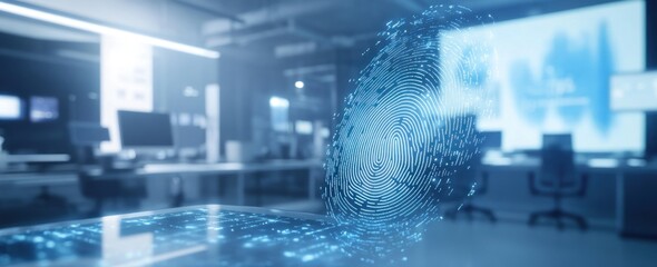 Poster - Fingerprint hologram with office tech, data analysis, security background.