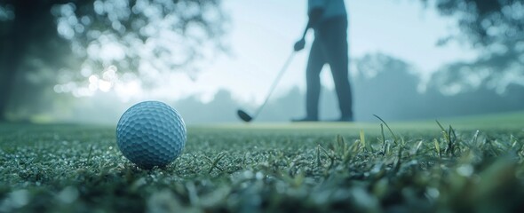 Poster - Golf ball on grass with golfer in background, moody.