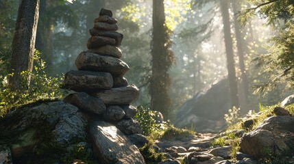 Aufkleber - Stacked stones on forest path, sunlit, scenic.