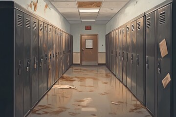 Poster - Run-down school hall with lockers and floor stain.