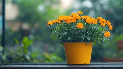 Wall Mural - Vibrant Marigold Flowers in Bright Yellow Pot on Rustic Table