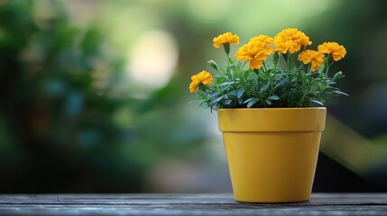 Wall Mural - Vibrant Yellow Marigold Flowers Growing in Bright Pot on Table