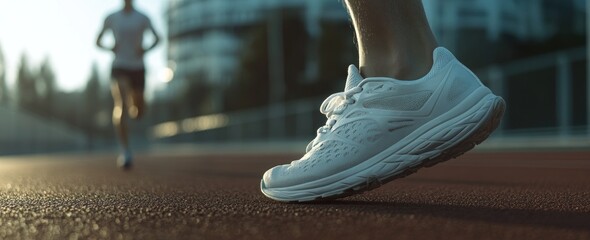 Poster - Running shoes on track, another runner blurred in distance.