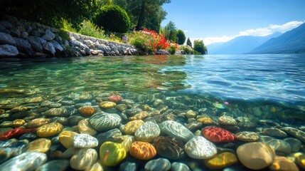 Aufkleber - Clear lake water with colorful pebbles and mountain backdrop.