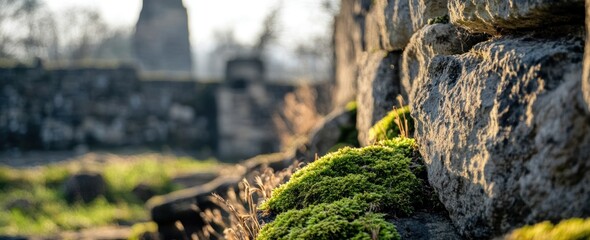 Leinwandbilder - Mossy stone wall detail, background ruins, soft light.