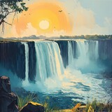 Artistic illustration of Victoria Falls cascading waterfalls with mist, lush greenery, and vibrant sunset sky