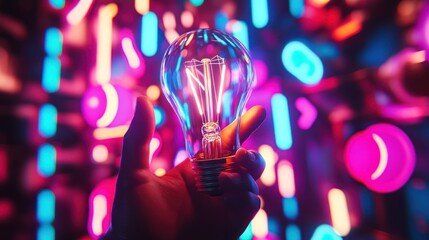 Aufkleber - Hand holds glowing bulb, abstract colorful blurred lights behind.