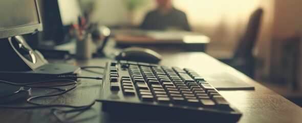Aufkleber - Close up view of keyboard and computer on desk.