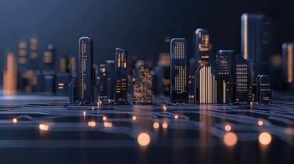 Poster - Concept showcases interconnected digital networks with a city skyline glowing in blue hues during the night, highlighting urban connectivity