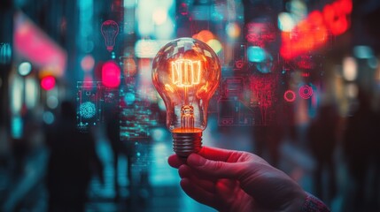 Aufkleber - Hand holds glowing bulb with city lights background and digital overlays.