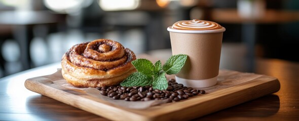 Aufkleber - Cinnamon roll,coffee,mint,beans on wood board.